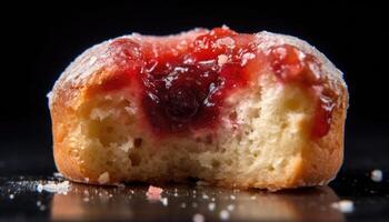 A cross-sectional photo of the jelly-filled version of the donut.