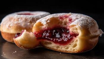 A cross-sectional photo of the jelly-filled version of the donut.