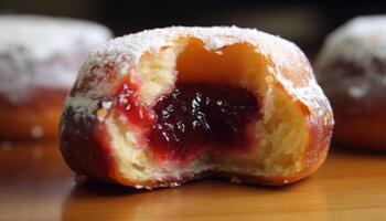 A cross-sectional photo of the jelly-filled version of the donut.