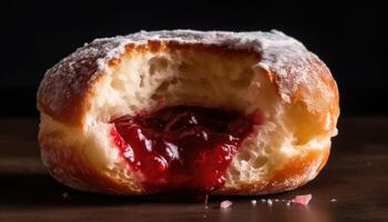 A cross-sectional photo of the jelly-filled version of the donut.