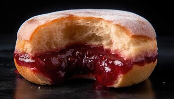 A cross-sectional photo of the jelly-filled version of the donut.