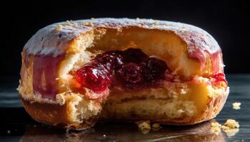 A cross-sectional photo of the jelly-filled version of the donut.