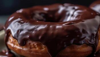 un de cerca foto de el chocolate revestimiento en el rosquilla. generativo ai