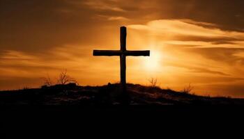 Good friday theme with cross silhouette on golden sunset sky. photo