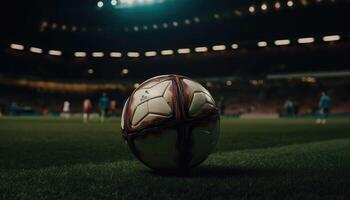 fútbol pelota en pie en el medio de el fútbol campo debajo el noche focos generativo ai foto