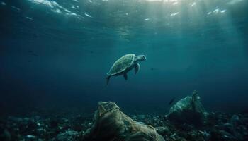 debajo el océano, un foto con basura, caretta caretta y pez. ambiental contaminación concepto. generativo ai