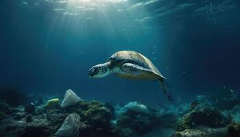 Under the ocean, a photo with garbage, caretta caretta and fish. Environmental pollution concept.