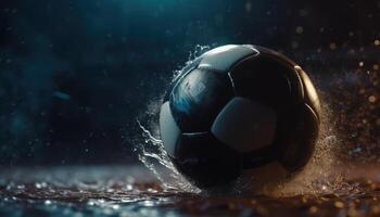 Soccer ball standing in middle of soccer field in rainy weather under evening spotlights. photo