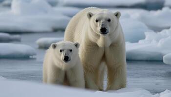 fotografía de un polar oso y sus cachorro, cuales estaba izquierda en el medio de el glaciares como el hielo Derretido. generativo ai foto