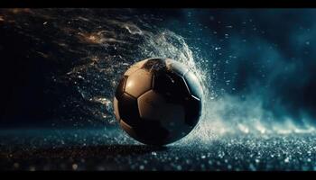 Soccer ball standing in middle of soccer field in rainy weather under evening spotlights. photo