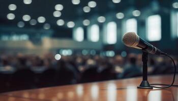 Microphone over the Abstract blurred photo of conference hall. Business meeting and education concept.