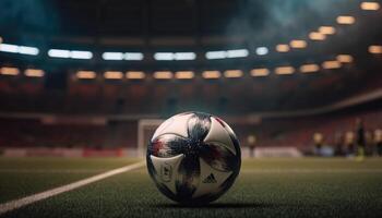 fútbol pelota en pie en el medio de el fútbol campo debajo el noche focos generativo ai foto