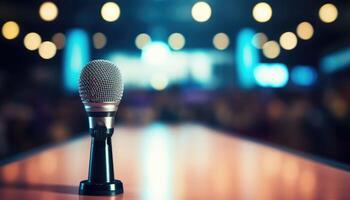 Microphone over the Abstract blurred photo of conference hall. Business meeting and education concept.