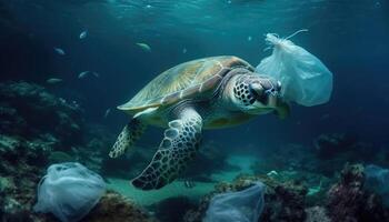 Under the ocean, a photo with garbage, caretta caretta and fish. Environmental pollution concept.