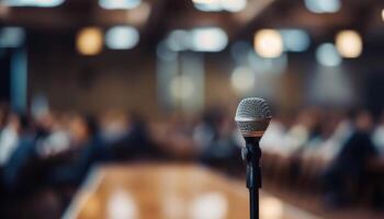 Microphone over the Abstract blurred photo of conference hall. Business meeting and education concept.