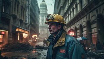 Firefighter standing in a dangerous city. photo