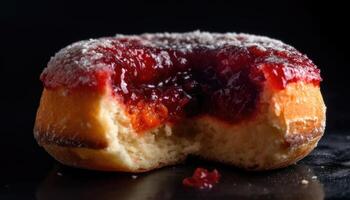 A cross-sectional photo of the jelly-filled version of the donut.