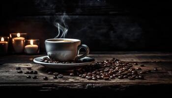 Cup of coffee and coffee beans on old wooden table and black grunge background. photo