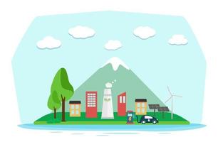 City landscape concept tall buildings coexisting with the nature of renewable green energy. Vector illustration in modern flat style.