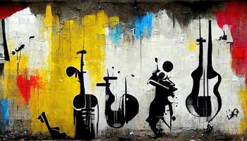 , Street art with keys and musical instruments silhouettes. Ink graffiti art on a textured paper vintage background, inspired by Banksy photo