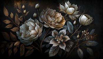 , Close up of blooming flowerbeds of amazing white and golden flowers on dark moody floral textured background. Photorealistic effect. photo