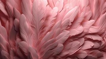 , Beautiful light pink closeup feathers, photorealistic background. Small fluffy pink feathers randomly scattered forming photo