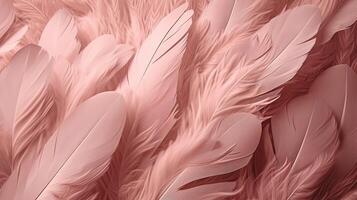 , Beautiful light pink closeup feathers, photorealistic background. Small fluffy pink feathers randomly scattered forming photo