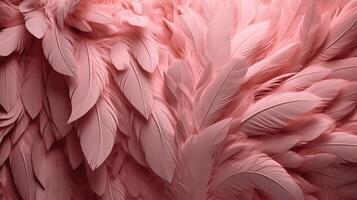 , Beautiful light pink closeup feathers, photorealistic background. Small fluffy pink feathers randomly scattered forming photo