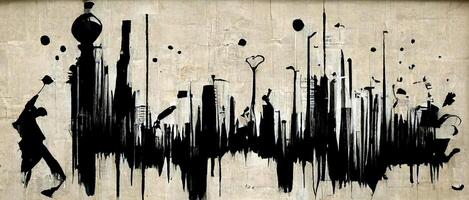 , Ink black street graffiti art on a textured paper vintage background, inspired by Banksy. photo