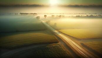 , Morning farm landscape with sun, agricultural fields in fog, beautiful countryside, country road. Nature Illustration, photorealistic top view drone, horizontal banner. photo