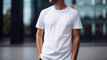 , Realistic white T-Shirt mock up blank put on young man, copyspace for presentation advertising. Blank business concept photo