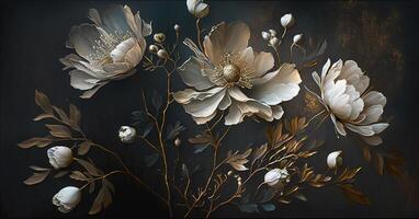 , Close up of blooming flowerbeds of amazing white and golden flowers on dark moody floral textured background. Photorealistic effect. photo