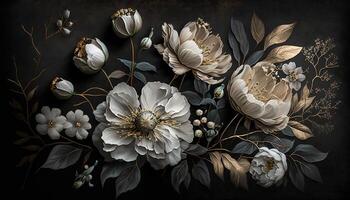 , Close up of blooming flowerbeds of amazing white and golden flowers on dark moody floral textured background. Photorealistic effect. photo