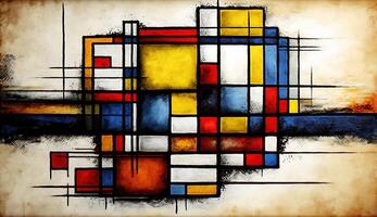 , cubist painted abstract colorful rectangles in mondrian style background. Trendy geometric design. photo