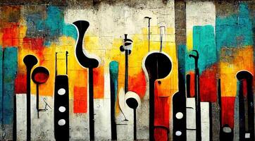 , Street art with keys and musical instruments silhouettes. Ink colorful graffiti art on a textured paper vintage background, inspired by Banksy photo