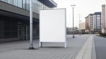 generativo ai, realista calle grande cartelera burlarse de arriba blanco para presentación publicidad. al aire libre firmar blanco en el futurista ciudad, negocio concepto foto