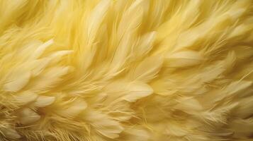 , Beautiful light yellow closeup feathers, photorealistic background. Small fluffy yellow feathers randomly scattered forming photo