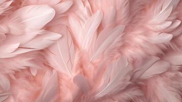 , Beautiful light pink closeup feathers, photorealistic background. Small fluffy pink feathers randomly scattered forming photo