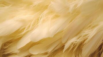 , Beautiful light yellow closeup feathers, photorealistic background. Small fluffy yellow feathers randomly scattered forming photo