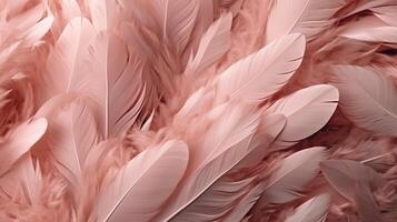 , Beautiful light pink closeup feathers, photorealistic background. Small fluffy pink feathers randomly scattered forming photo