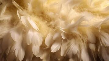 , Beautiful light yellow closeup feathers, photorealistic background. Small fluffy yellow feathers randomly scattered forming photo