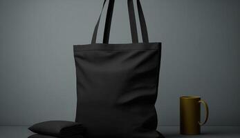 , Realistic black tote canvas fabric bag set-up in at home interior, mug mock up blank. photo