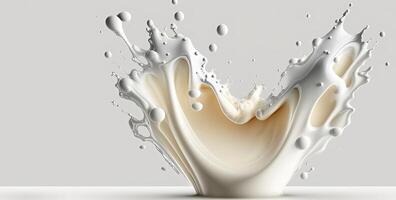 , Flowing liquid with splashes in white color. Glossy cream milk fluid banner, 3D effect, modern macro photorealistic abstract background illustration. photo