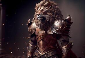 old lion in medieval armor. protector and warrior. ai generated photo