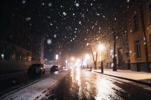 Nevado calle. fango y nieve en el ciudad. ai generado foto
