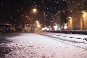 Nevado calle. fango y nieve en el ciudad. ai generado foto