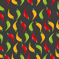 Seamless pattern with red, yellow and green chilli peppers on black background. Vector illustration