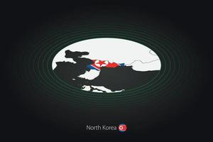 North Korea map in dark color, oval map with neighboring countries. vector