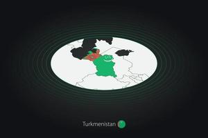 Turkmenistán mapa en oscuro color, oval mapa con vecino países. vector