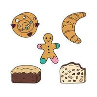 Bakery products. Isolated bun, cake, croissant, gingerbread man. Vector illustration doodle style.